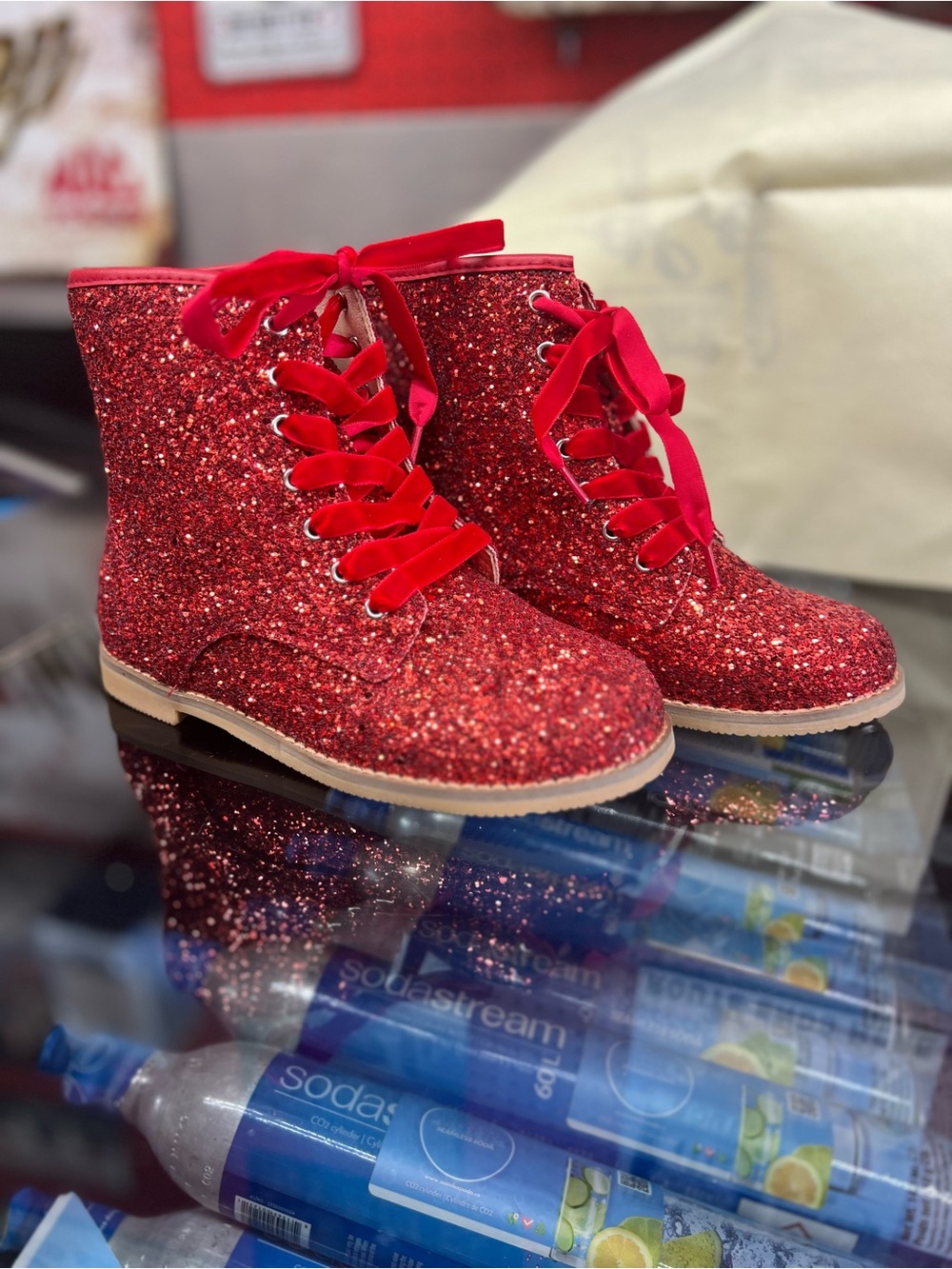 Kids' Red Glitter Lace-Up Boots with Satin Ribbon Laces